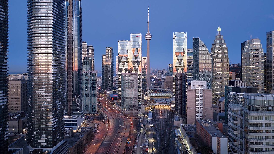 CIBC Square towers and elevated park in Toronto's business district